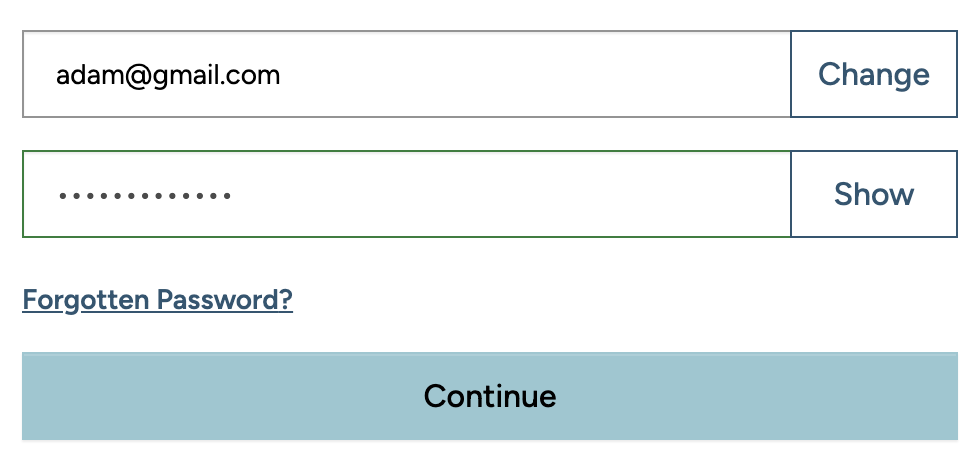 A login form with fields for email and password. Both are filled. The email field has a button labelled change on the far right.