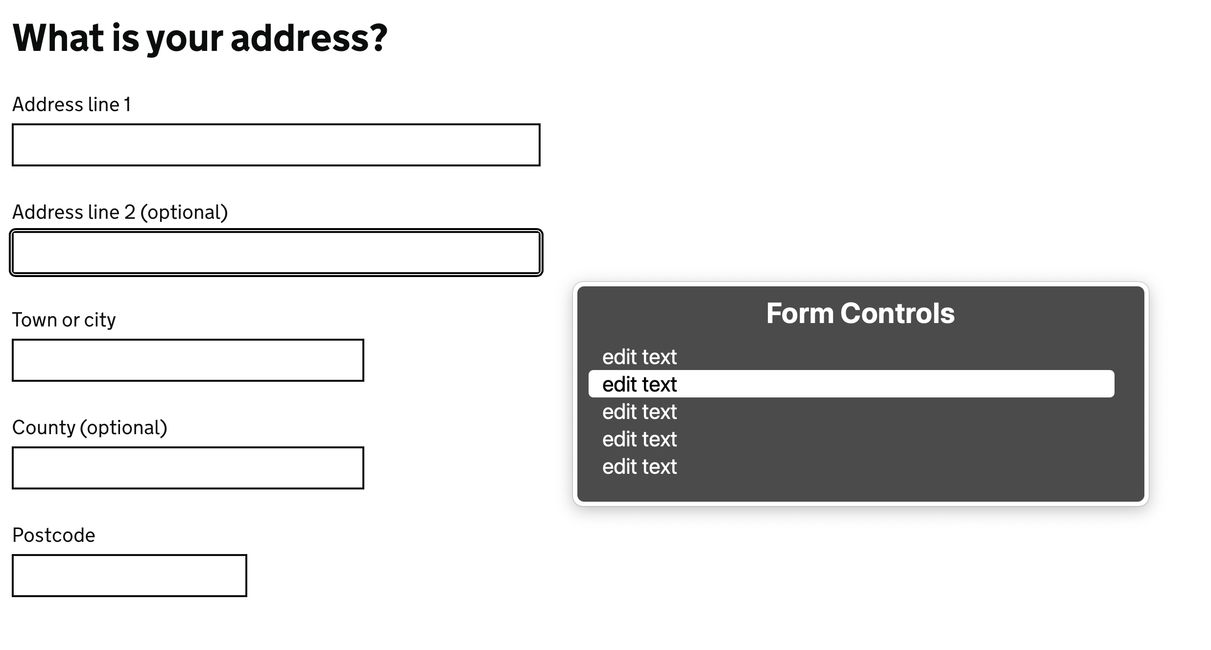 An address form with label text above each field. A system dialog sits to the side with the heading of form controls. Each control is listed in the dialog as edit text.