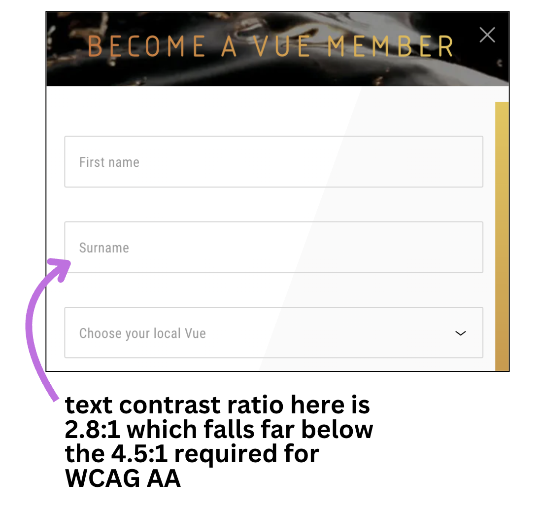 A sign-up form using placeholders instead of labels. The labels are a light grey colour on a white background.