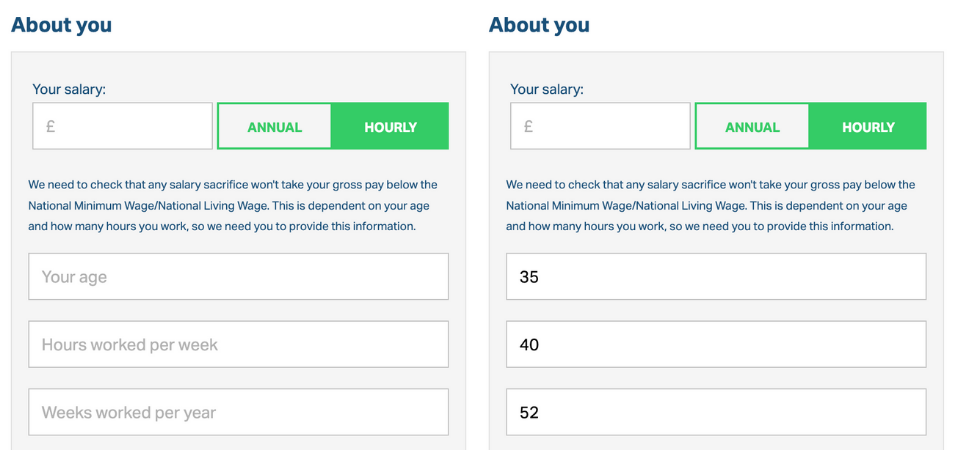 Part of a form. This has 3 fields age, hours worked per week and weeks worked per month. The fields are only identified by the placeholder copy. Once the user has filled in the data they are left with 3 fields each with a number in and no way of knowing which is which.