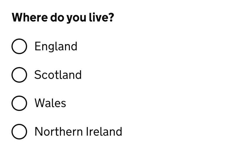 Four radio buttons showing choices for countries. Text above the group asks where do you live?