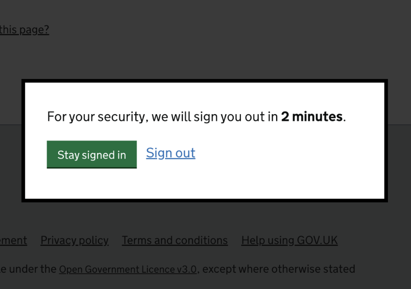 A dialog sitting over page content. The dialog says for your security we will sign you out in 2 minutes. There are two options, one to stay signed in and one to sign out.