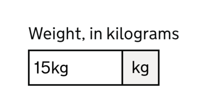 A field asking for a weight in kilograms. A visual kg suffix has been added to the input but the user has entered a value including the kg unit.