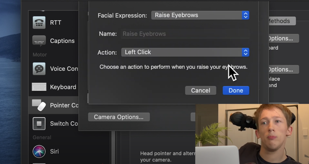 Mac OS' alternative pointer options showing how raiing eyebrows can be used to trigger a mouse-click.