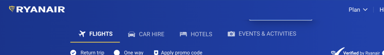A skip link on the Ryan Air homepage. The skip link has not become fully visible on focus and is only visible as a horizontal line at the top of the page.