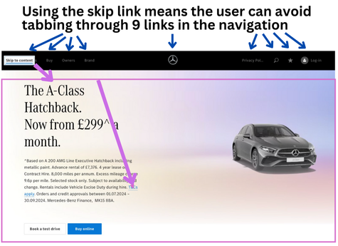 A skip link on the Mercedes UK homepage with arrows showing how the user is taken beyond the 9 navigation links.