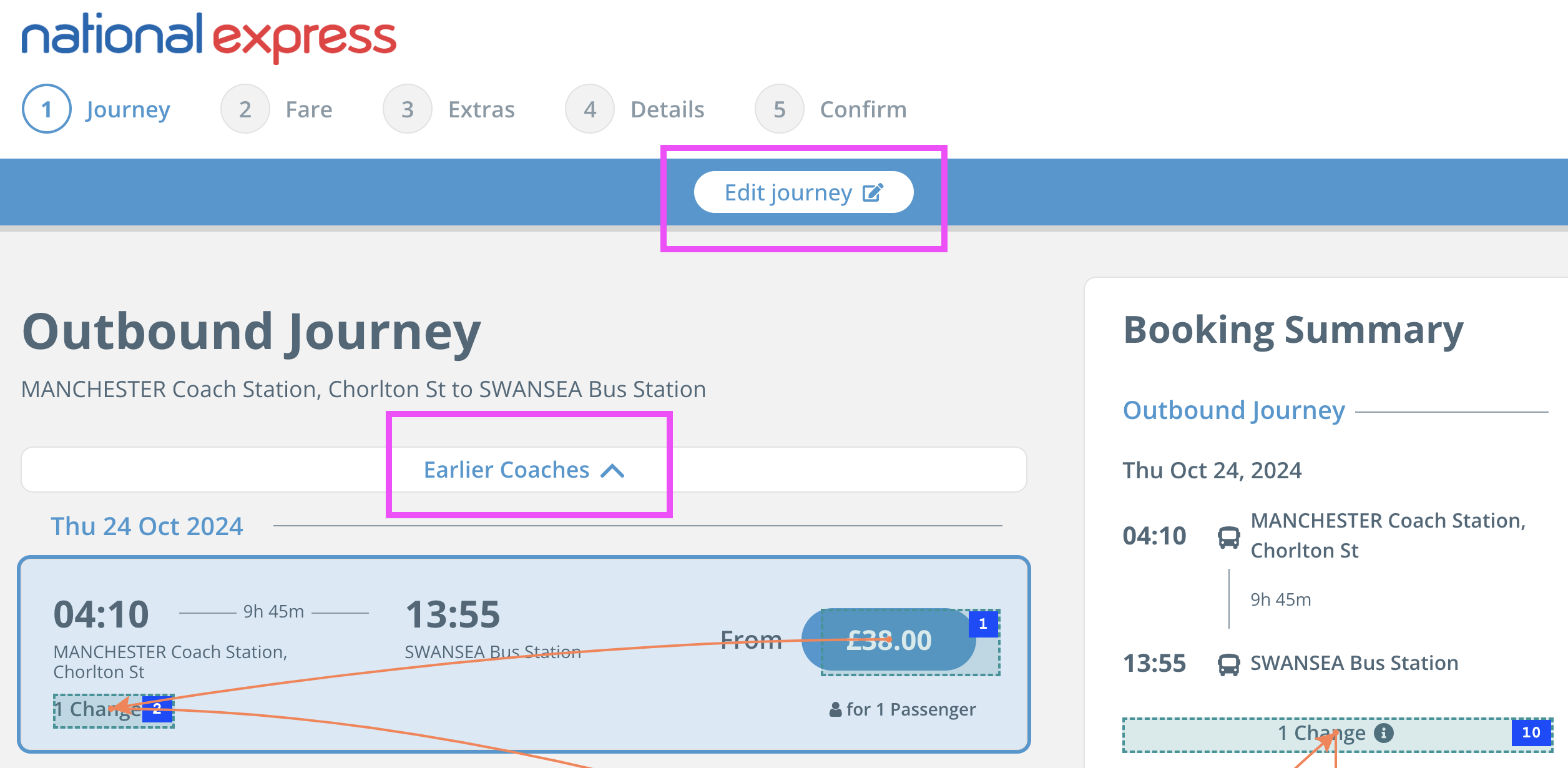 A page listing the different options for a journey with a tab order overlay. The edit journey option and option to view earlier journeys are not numbered indicating they cannot be reached with keyboard.