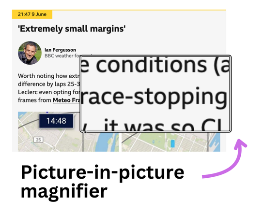 Screenshot of an article with a box floating in front of it. The box contains a zoomed version of the text under it.