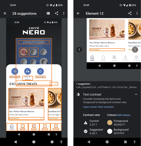 Two screenshots. The first shows an app homepage with various elements highlighted with coloured boxes. The second has zoomed in on one of these and shows information about the colours used in the app and the contrast ratio.