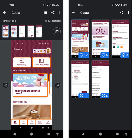 Two screenshots. The first shows several images of various app screens in a row with one highlighted and show larger below. The second shows all the screens larger each with a number in a circle.