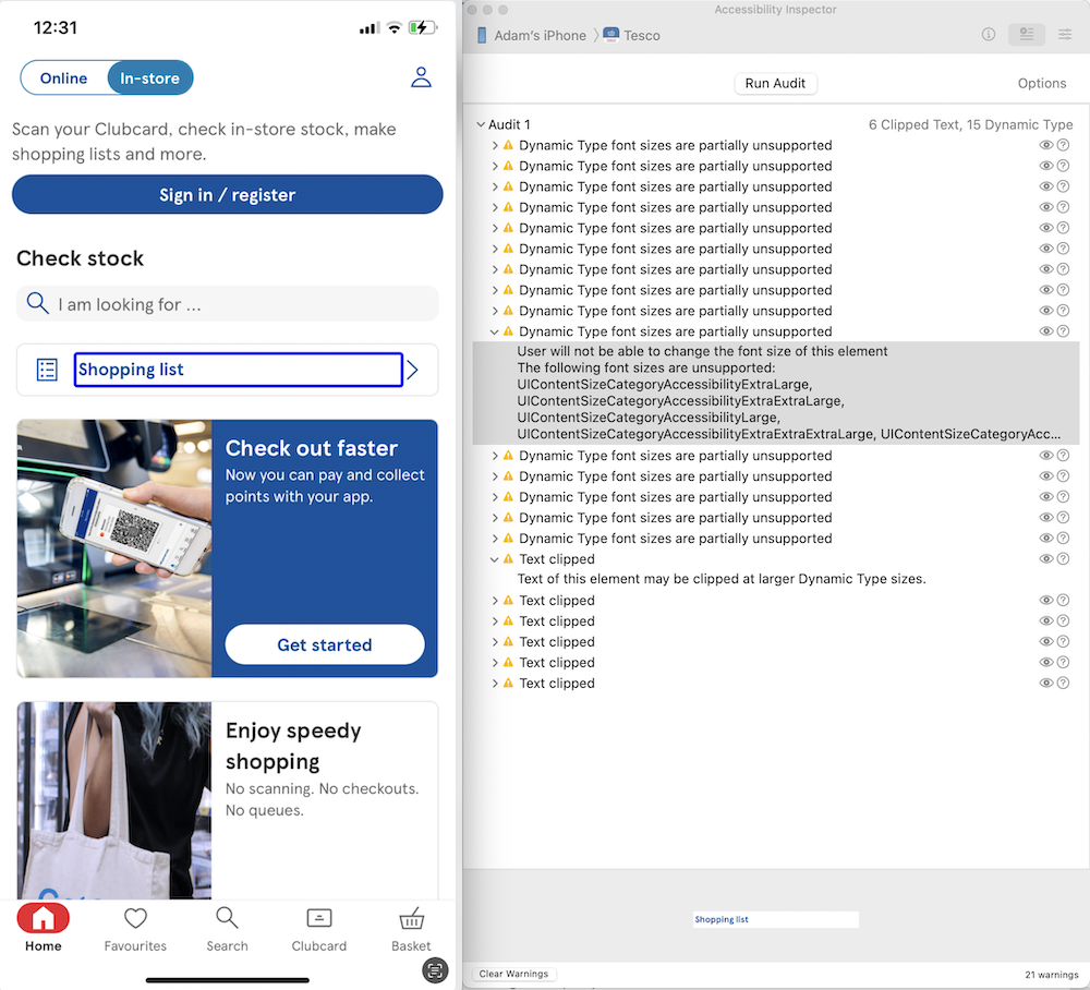 The inspector showing a list of issues. One has been opened and a screenhot of the app with the item with the issue is highlighted.