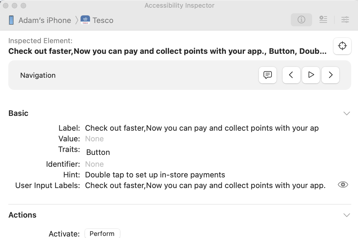Screenshot of the app showing information on one element including the label, traits and hint