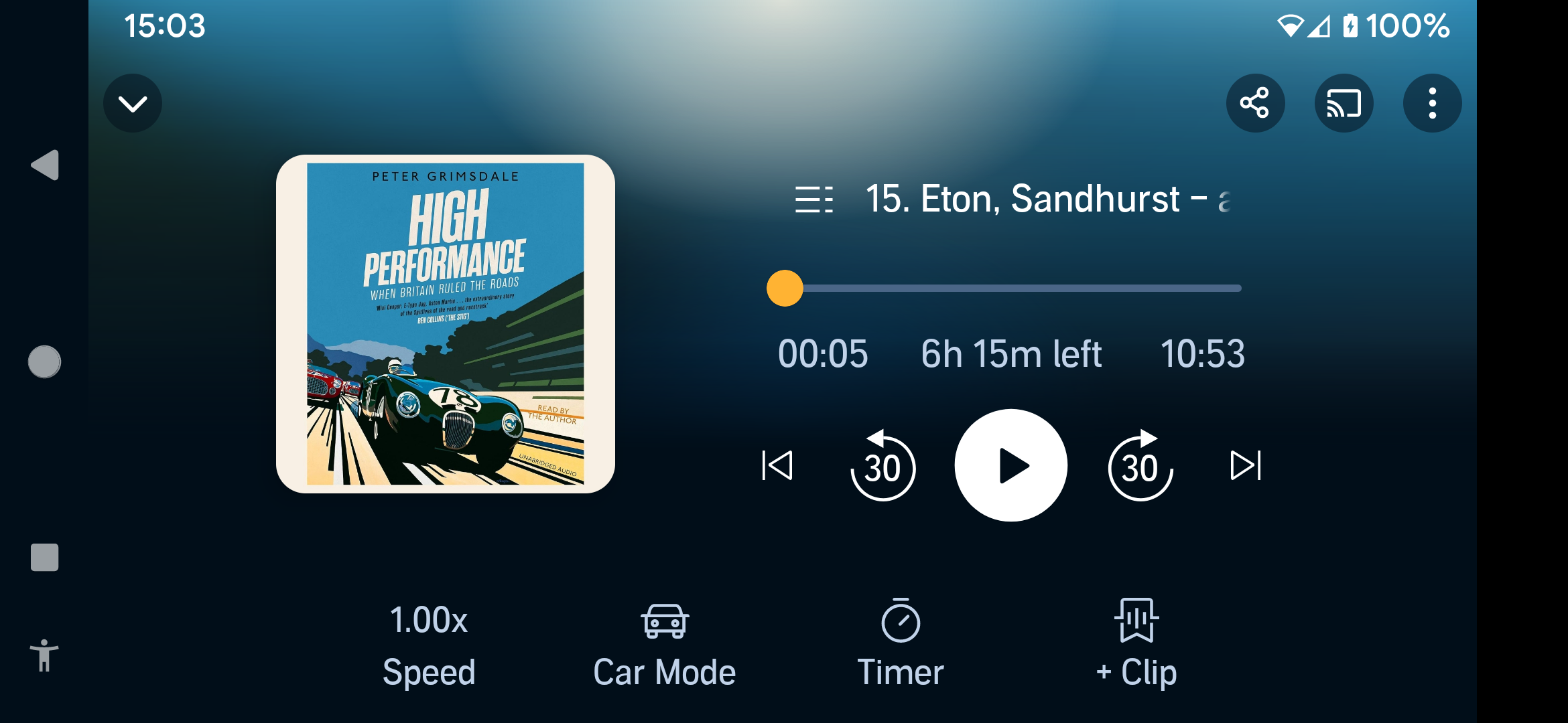 The Audible app in landscape orientation, showing a title being played with the controls aligned with the device orientation