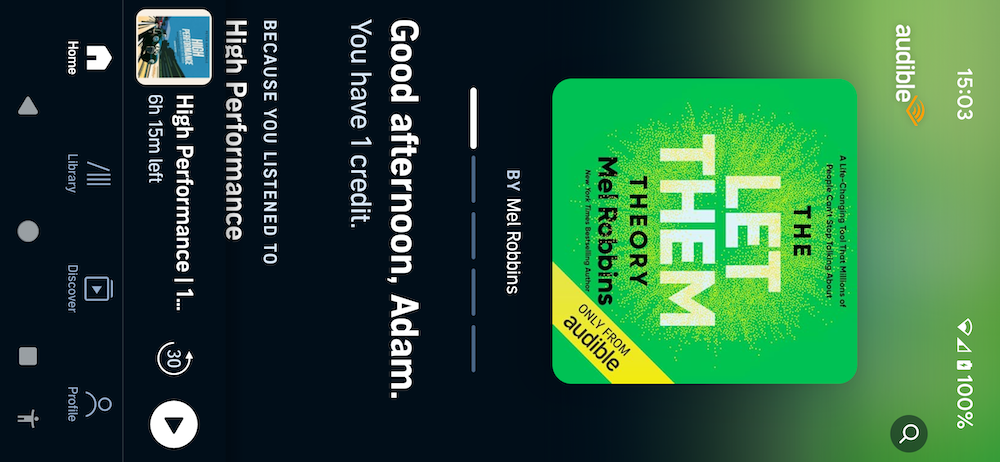 The Audible app in landscape orientation, showing the homescreen title browser. Here the app does not allow for use in landscape mode.