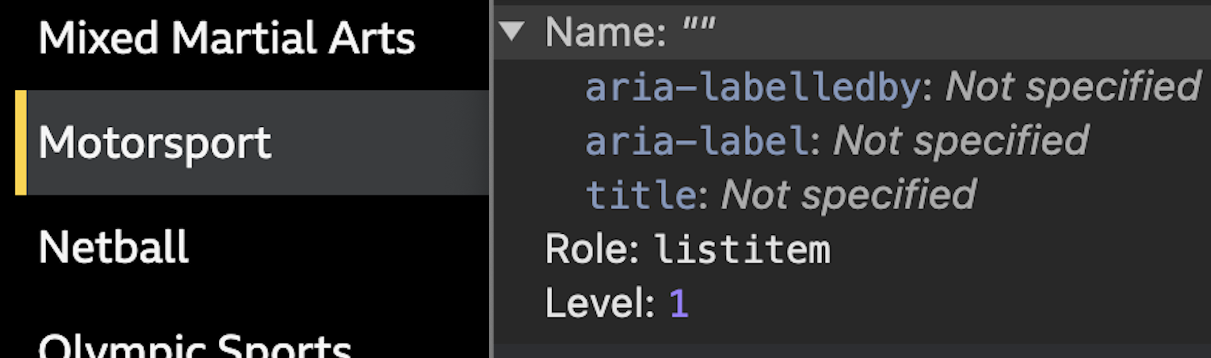 A screenshot of a list of options, one is highlighted. Alongside is a screenshot of a code inspector showing the highlighted item has a role of listitem.