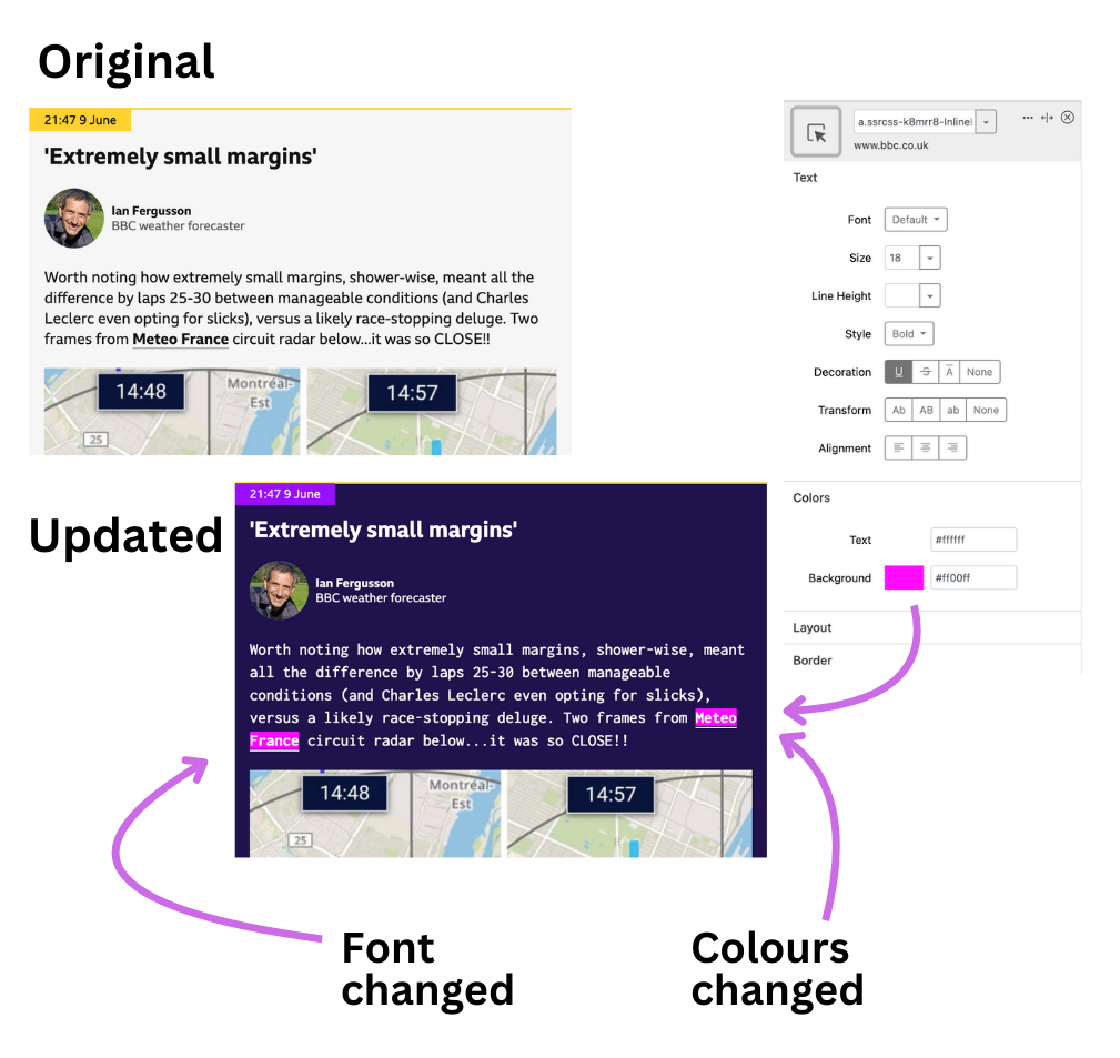 A before and after of a page using Stylebot to change the page. The links have been updated from green on grey to a larger font with white on pink. The body font has also been updated to a more spaced out one. The Stylebot editor can be seen to the side.