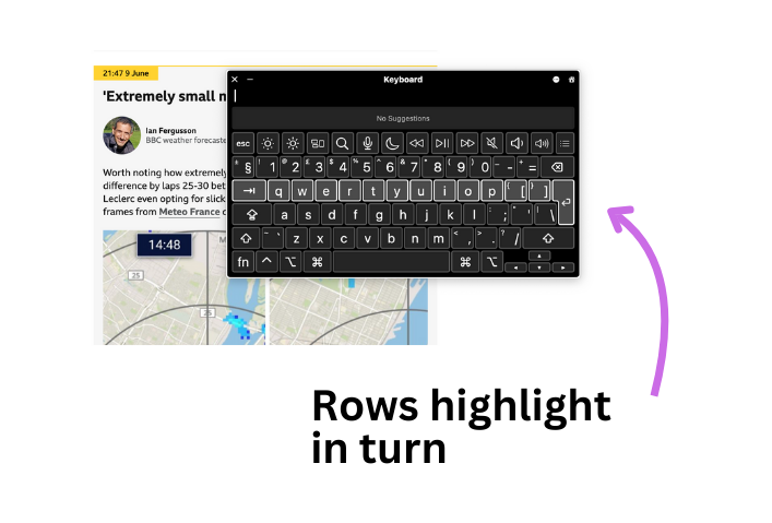 Mac OS' virtual keyboard for switch users. One row of keys is highlighted.