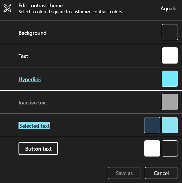Screenshot of the theme edit options for Windows High Contrast. The user can set colours for the page background, text, hyperlinks, inactive text, selected text and button background and text.