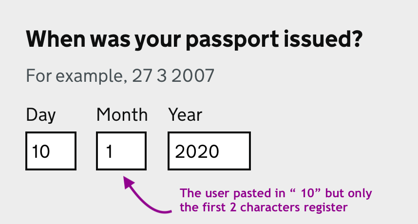 A month input with a maxlength set showing the issue with copy and pasting not allowing entry of all pasted data.