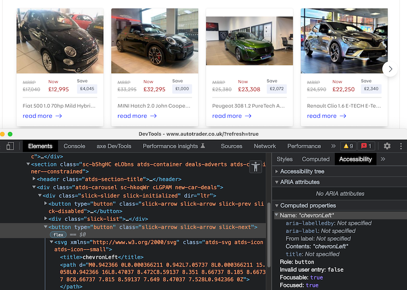 Webpage showing a carousel of car adverts. The right navigation button is inspected in the browser developer tools showing the accessible name is derived from the title of the SVG used for the icon on the button.