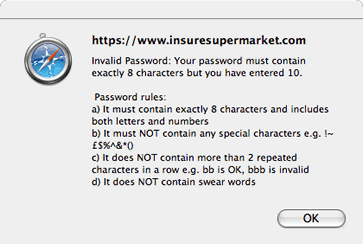 Browser alert box which says your password must contain exactly 8 characters and a whole lot of other complex rules
