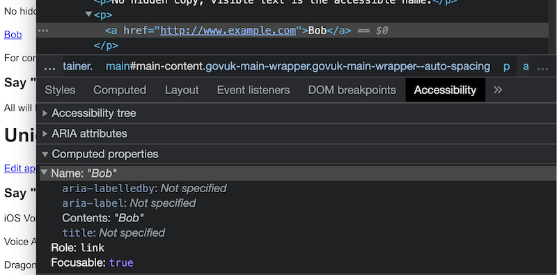 Chrome developer tools showing a link inspected. The Accessibility panel is open and the Name is shown as Bob