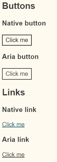 Buttons look the same. The native link is a grey-blue whilst the aria one is black.