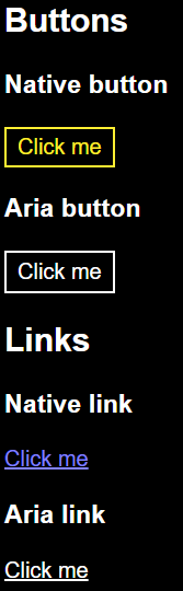 The native button is yellow, the native link is purple. Both aria elements are white.