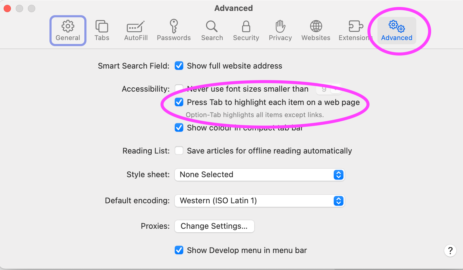 Safari settings showing the location of the tab navigation option